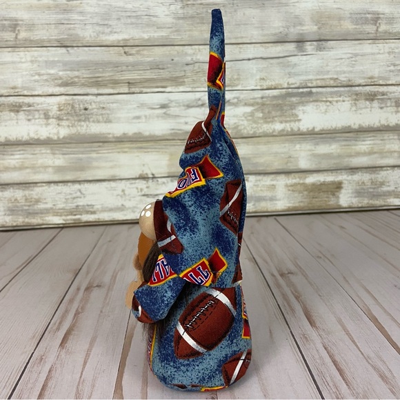 Football Game Gnome Vintage Football Print Fabric Blue Brown Faux Fur Man Cave - Picture 8 of 11